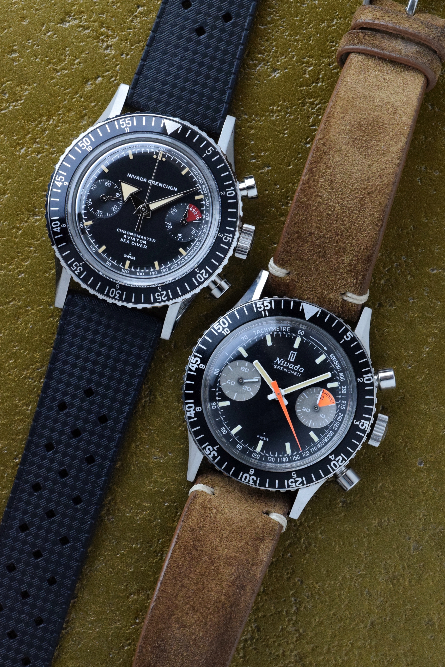 Nivada-Grenchen-Chronomaster-Aviator-Sea-Diver-vintage-and-modern-side-by-side